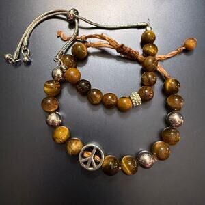 Pair of Adjustable Tigers Eye Beaded Bracelets Peace Crystal